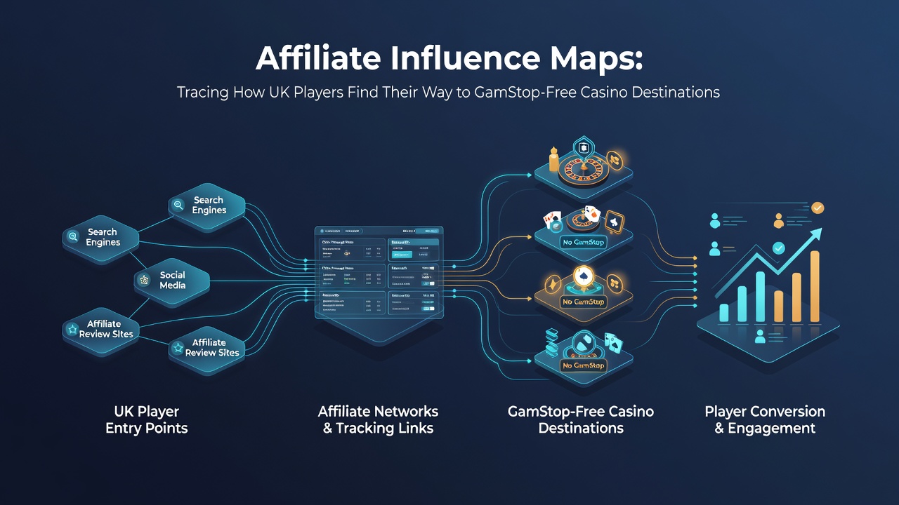 Visual representation of player navigation routes through affiliate networks to GamStop-free casino destinations