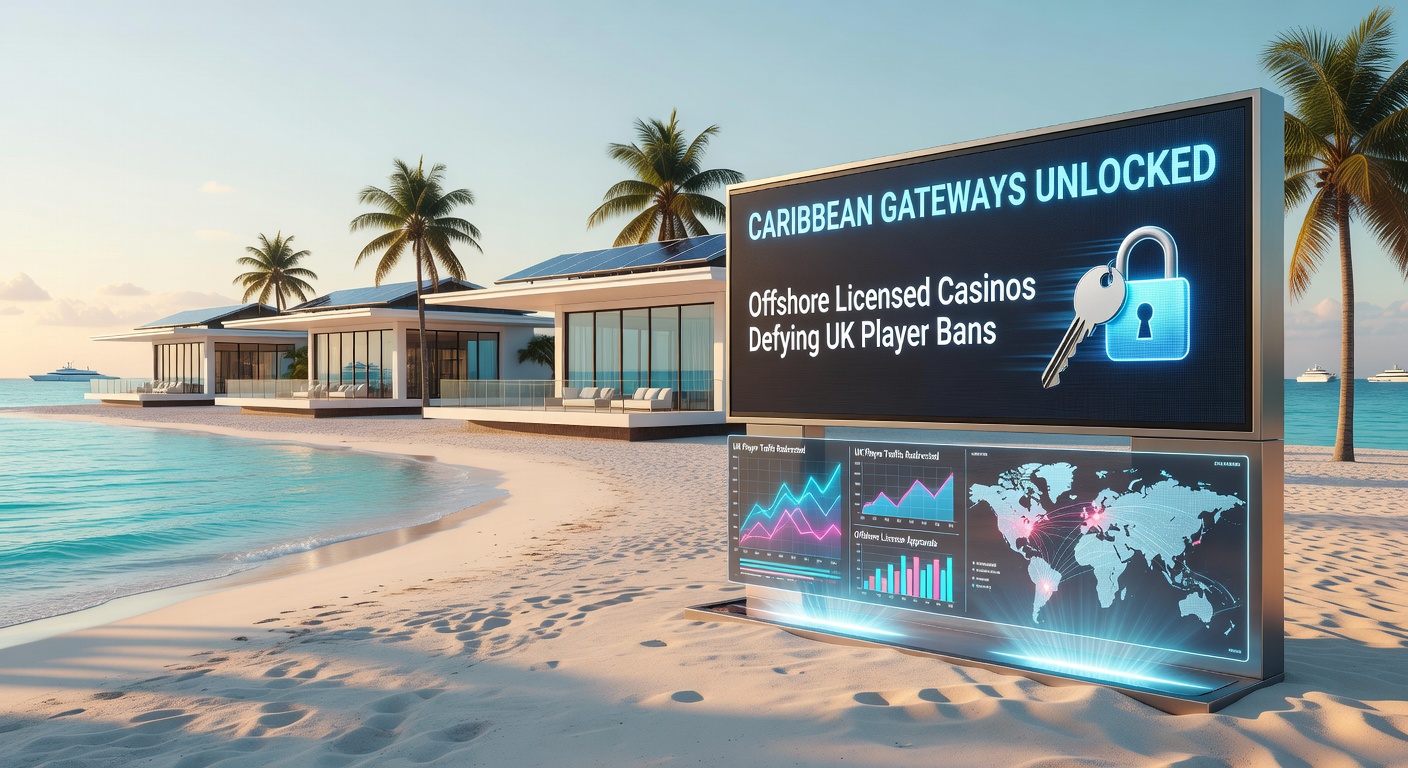 Map highlighting Caribbean islands like Curacao and Antigua with icons of casino licenses and UK flags connecting via digital bridges