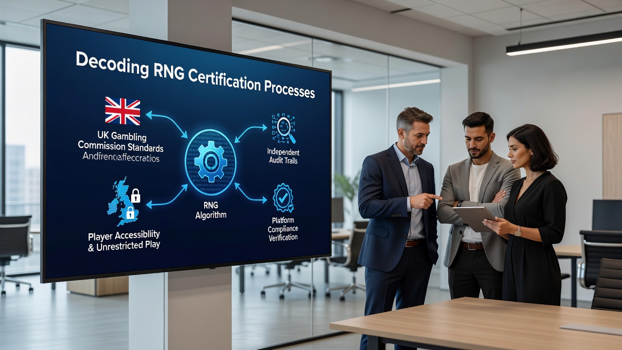 Laboratory analysts reviewing RNG test reports and certification documents for online casino software