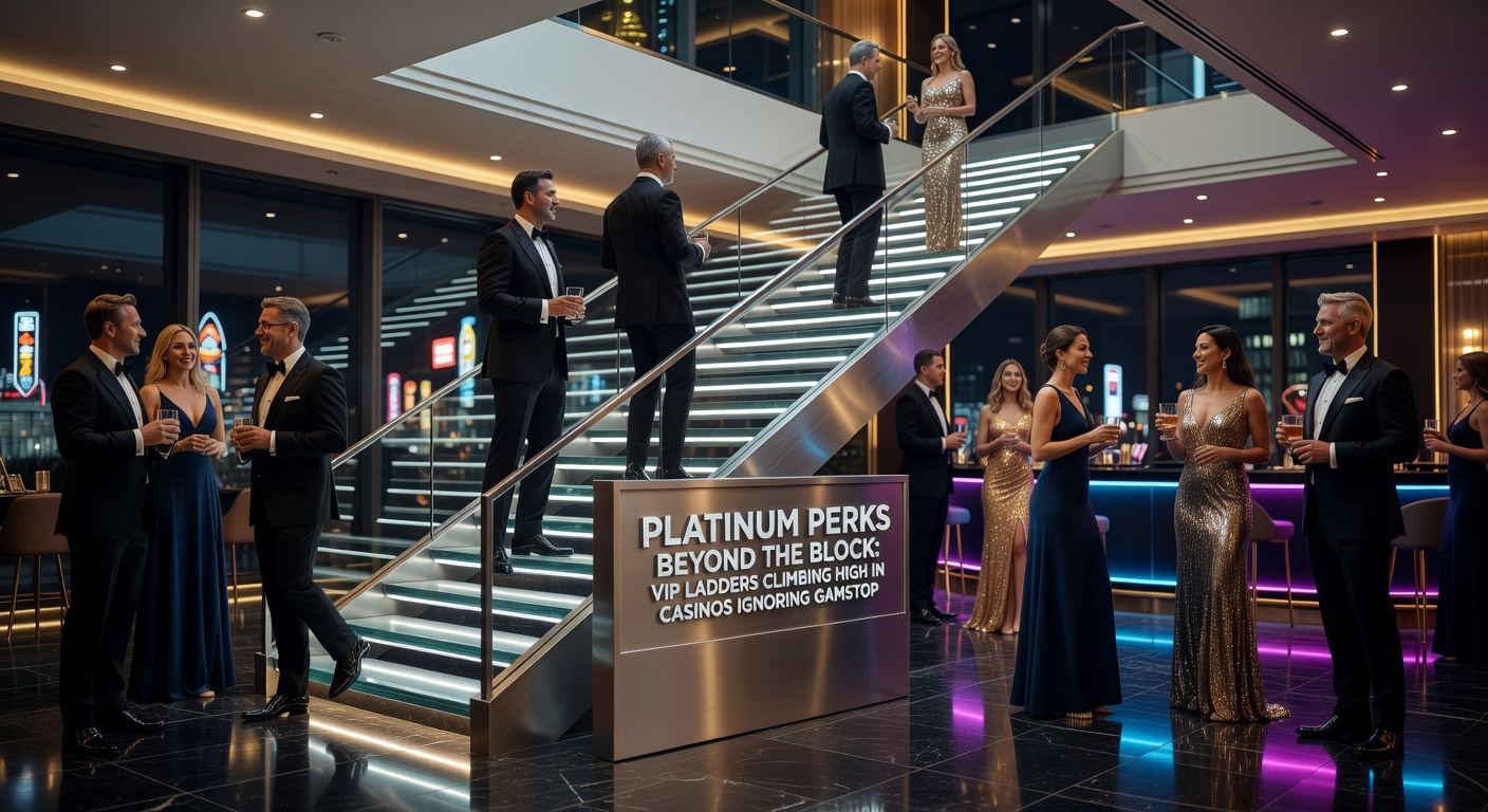 Platinum VIP card gleaming with casino chips and luxury perks, highlighting elite non-GamStop rewards