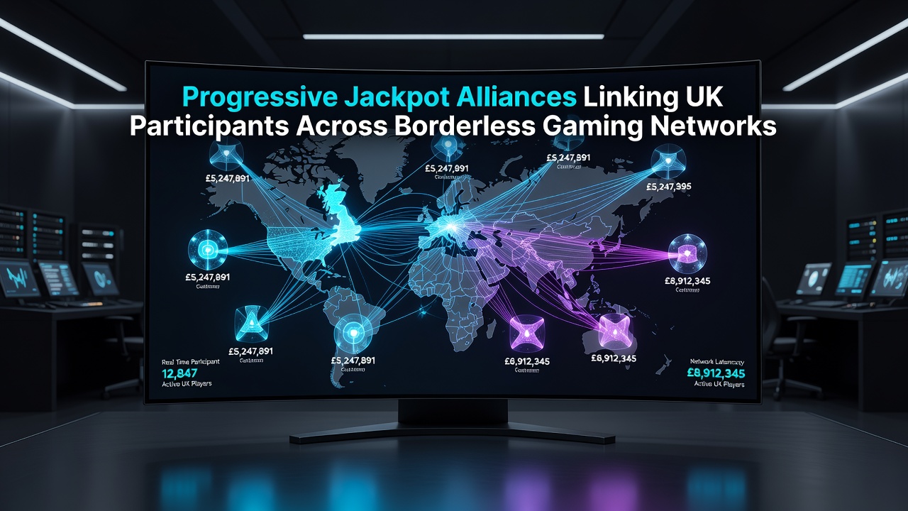 Diagram showing progressive jackpot contributions flowing between UK players and international network servers